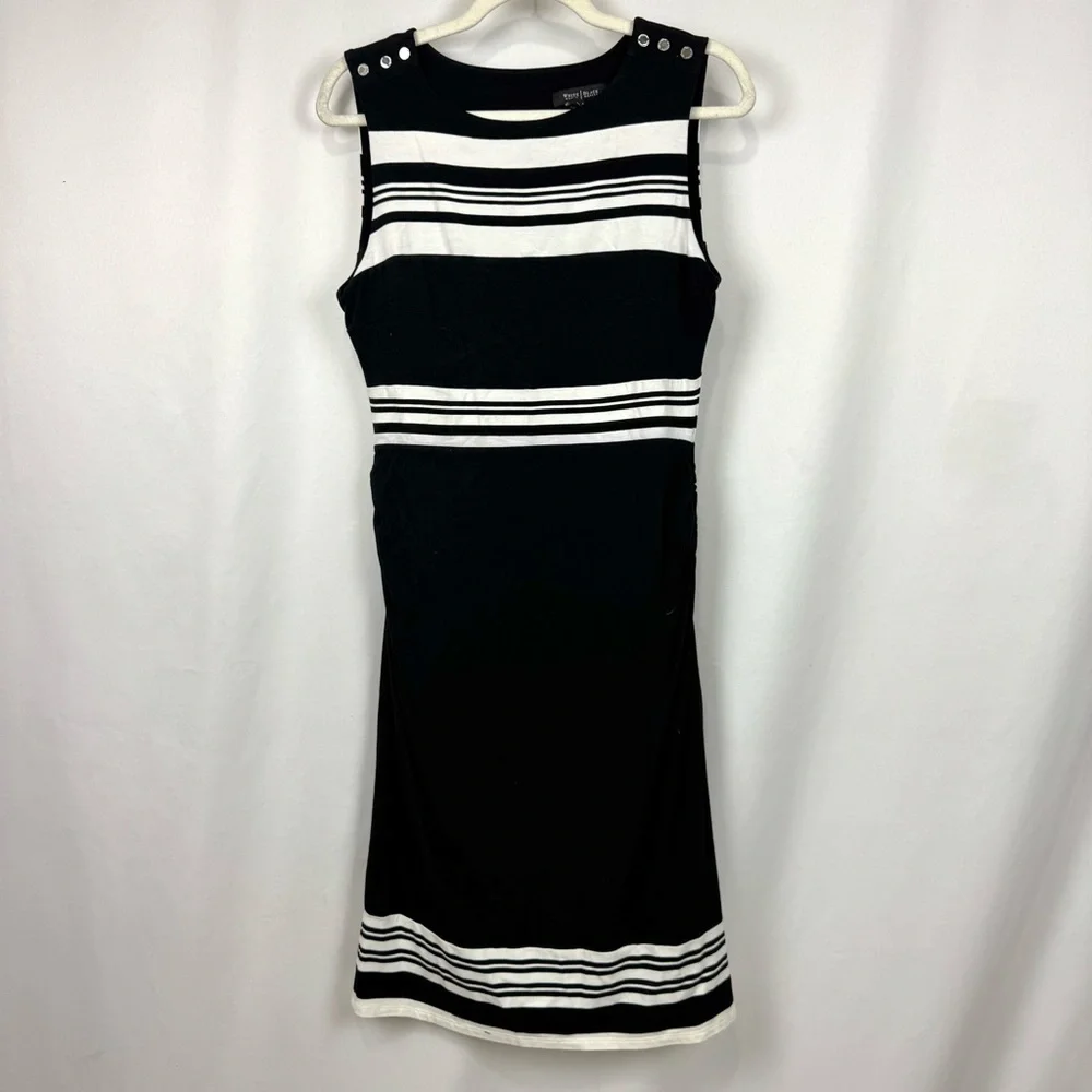 White House Black Market S Black White Stripe Ruched Sheath Dress Key Hole Back